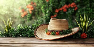 Beautiful straw hat adorned with flowers rests on a wooden table surrounded by vibrant greenery and blooming plants photo