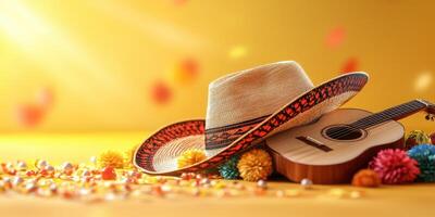 Colorful sombrero and guitarra surrounded by festive decorations and confetti in bright setting photo