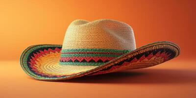 Colorful straw sombrero displayed against an orange background highlighting intricate patterns and design features photo