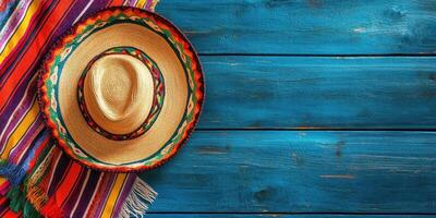 Colorful sombrero and vibrant blanket placed on a rustic wooden table enhancing a festive atmosphere photo