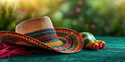 Colorful sombrero and maracas resting on a vibrant green surface surrounded by a lush garden setting photo