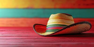 Colorful sombrero sits on a vibrant wooden table with striking hues of red, green, and yellow in a festive setting photo