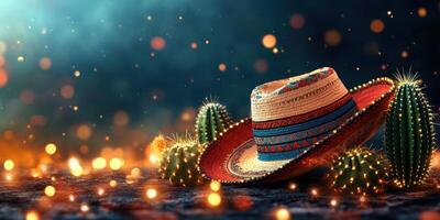Colorful sombrero surrounded by cacti and warm lights in a festive atmosphere at night photo