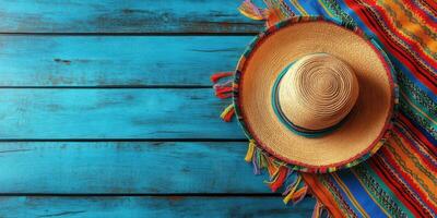 Colorful sombrero and vibrant blanket on a rustic blue wooden surface creating a festive atmosphere photo
