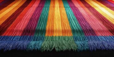 Colorful textile with vibrant stripes showcasing intricate craftsmanship in a cozy setting photo