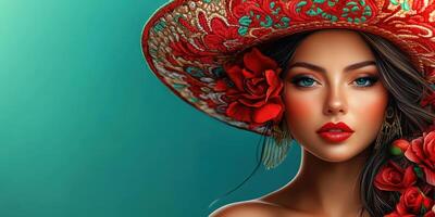 Beautiful woman in colorful sombrero with flowers posing against a turquoise background photo