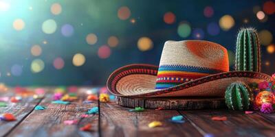 Vibrant celebration with a sombrero and cacti on a wooden table showcasing colorful decorations at a festive gathering photo