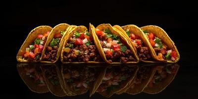tacos lleno con sazonado carne, Fresco verduras, y hierbas en un reflexivo superficie foto