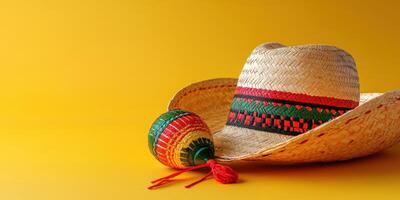 Cultural celebration with a colorful sombrero and maraca against a yellow backdrop during a festive occasion photo