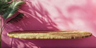 Rustic wooden shelf against vibrant pink wall with tropical palm shadows photo