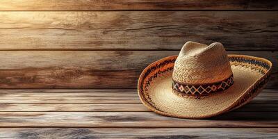 Wide-brimmed straw hat resting on a wooden surface in warm sunlight during afternoon hours photo