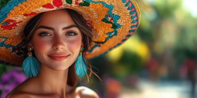 Young woman in colorful sombrero smiles while enjoying sunny outdoor setting with vibrant flowers and greenery photo