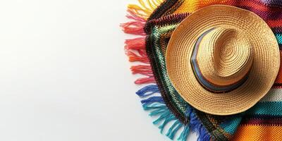 Colorful woven blanket and straw hat arranged on a light surface for a festive decoration photo