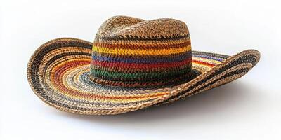Colorful woven sombrero resting on a neutral background showcasing intricate craftsmanship and artistry photo
