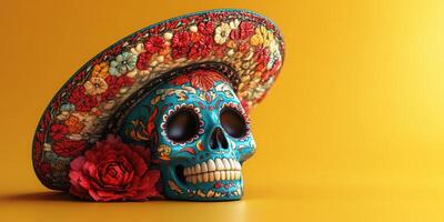 Colorful sugar skull with sombrero and flower against vibrant yellow background photo