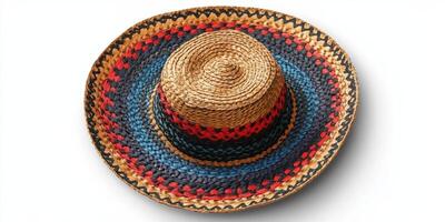 Colorful straw hat with intricate weaving displayed atop a light background photo