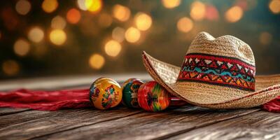Colorful decorative wooden maracas and a straw hat on a rustic wooden table with a blurred festive background photo