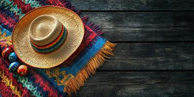 Traditional sombrero and colorful textiles arranged on a rustic wooden table photo