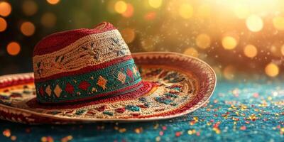 Colorful traditional hat resting on a table during a festive celebration in a warm and inviting atmosphere photo