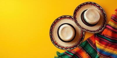 Colorful traditional hats and a vibrant blanket displayed against a bright yellow background photo