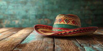 Colorful sombrero resting on a wooden table with a rustic background and warm ambiance photo