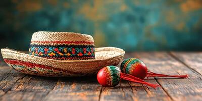 Colorful straw hat and decorated eggs on rustic wooden table in vibrant setting photo