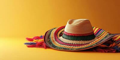 Colorful traditional hat and blanket displayed against a vibrant yellow background in a studio setting photo