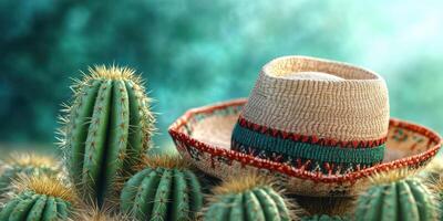 Colorful straw hat resting on a cactus in a vibrant desert landscape showcasing unique flora and tranquil atmosphere photo