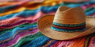 Colorful woven blanket with a traditional straw hat resting on top showcasing vibrant patterns and textures in daylight photo