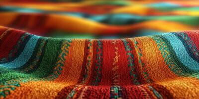 Colorful woven fabric displays vibrant patterns in a handcrafted textile showcasing traditional craftsmanship and artistry photo