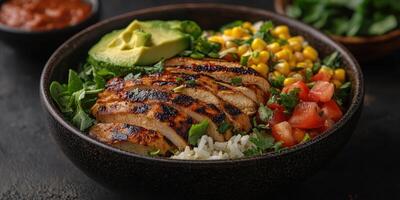 Grilled chicken bowl with fresh vegetables and rice served in a dark bowl on a wooden table photo