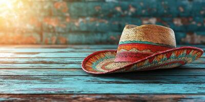 Colorful straw hat resting on a weathered blue wooden surface in warm sunlight during a summer afternoon photo