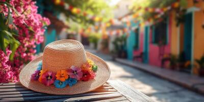 Colorful flower hat resting on a wooden table in a vibrant street adorned with festive decorations during the day photo
