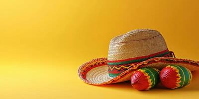 Colorful sombrero and maracas set against a vibrant yellow background create a festive atmosphere photo