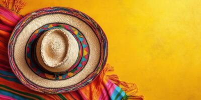 Colorful sombrero and vibrant blanket displayed on a bright yellow background for festive celebrations and cultural events photo