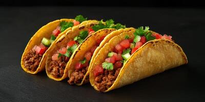 deliciosamente hecho a mano tacos lleno con sazonado carne y Fresco coberturas exhibido en un negro antecedentes foto