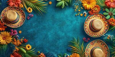 Colorful festive arrangement with sombreros and flowers on vibrant blue background photo