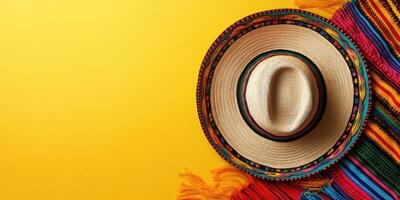 Colorful sombrero and vibrant serape draped against a bright yellow background create a festive atmosphere in a summer celebration photo