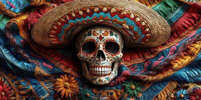 Colorfully decorated skull with sombrero displayed against vibrant textile background photo