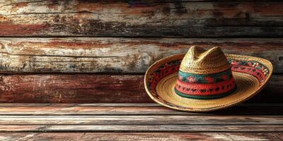 Traditional straw hat rests on weathered wooden surface with rustic charm in a cozy interior setting photo