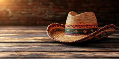 Traditional straw cowboy hat resting on a wooden table illuminated by warm sunlight in a rustic setting photo