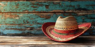 Traditional straw hat rests on rustic wooden surface with a vintage blue background in a natural light setting photo