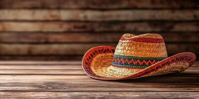 Straw hat placed on rustic wooden table showcasing craftsmanship and design in a cozy setting photo