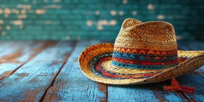 Traditional straw hat resting on a rustic wooden table with a textured blue background photo