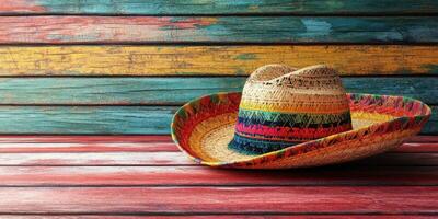 Colorful straw hat resting on a rustic wooden surface with vibrant hues during a sunny day photo