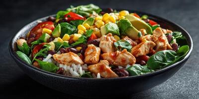 Colorful bowl of rice topped with grilled chicken, fresh vegetables, and black beans served on a dark surface photo