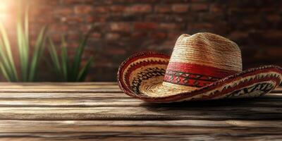 Traditional sombrero placed on a rustic wooden table with warm lighting in a cozy setting photo