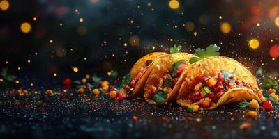 Tasty tacos filled with fresh ingredients and vibrant spices served on a decorative background photo
