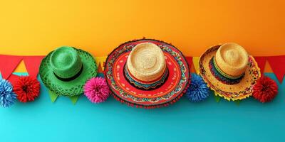 Colorful sombreros and festive decorations create vibrant atmosphere for celebration in cultural setting photo