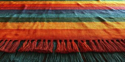 Colorful woven textile with vibrant stripes displayed in a warm setting photo